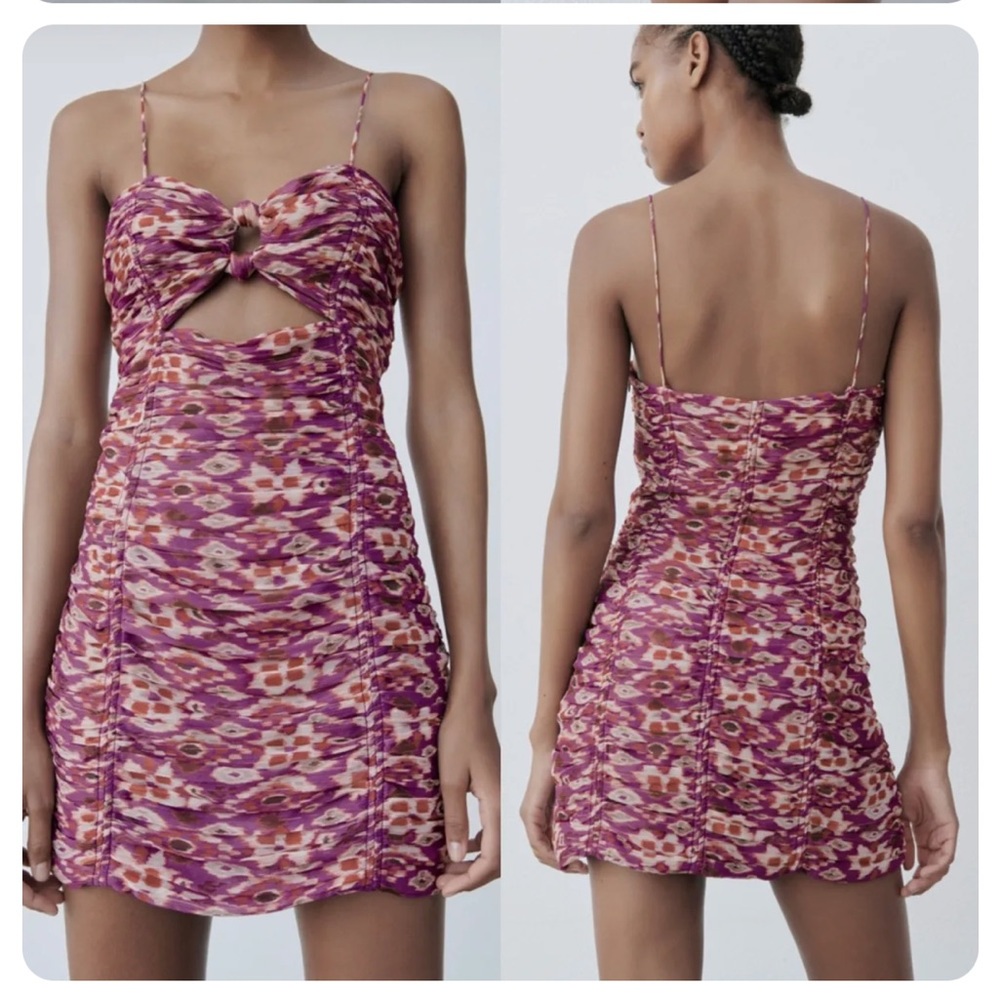 Zara Purple Ruched Printed Mini Dress w/ Metallic Thread- Medium